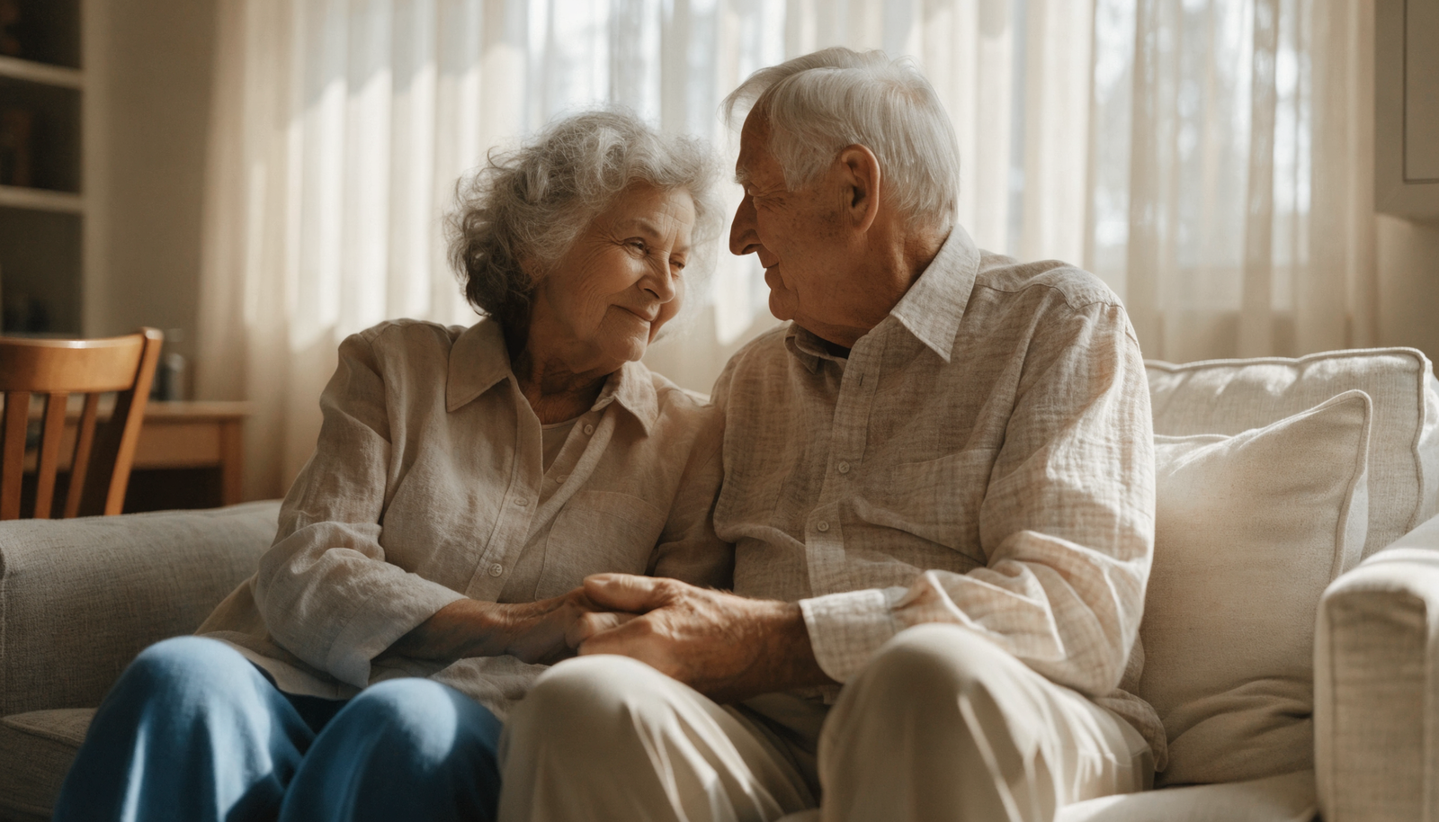 Older couple having a warm, supportive conversation while seated together at home.