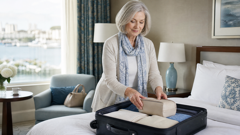 Woman packing folded clothes and a zip pouch into a suitcase in a bright hotel room.