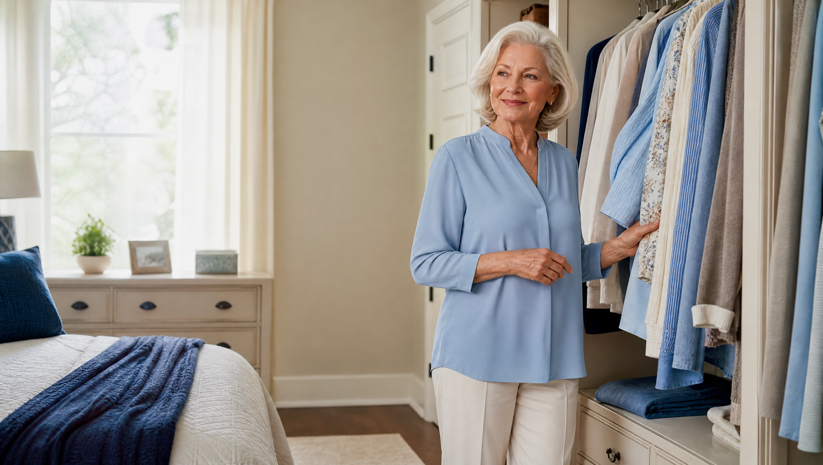 Woman choosing clothes from a bedroom wardrobe in soft natural light.