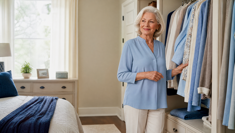 Woman choosing clothes from a bedroom wardrobe in soft natural light.
