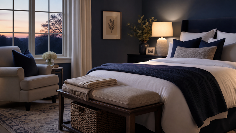 Neatly made bedroom with navy bedding, folded linens, and a woven storage basket.