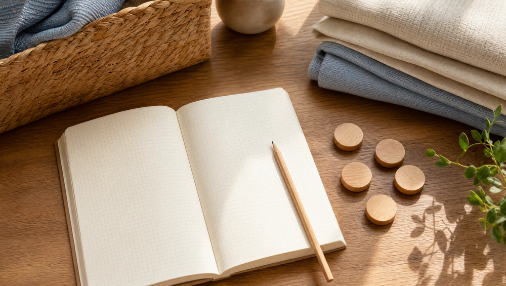 Blank grid notebook, pencil, wooden counters, folded linens, and a woven basket on a table.
