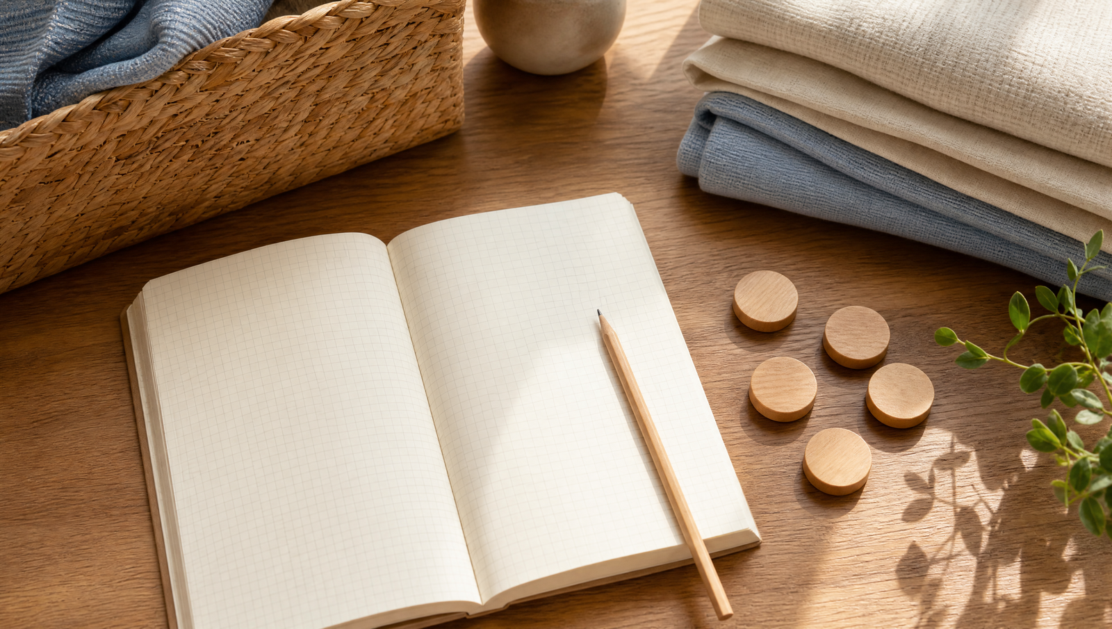 Blank grid notebook, pencil, wooden counters, folded linens, and a woven basket on a table.