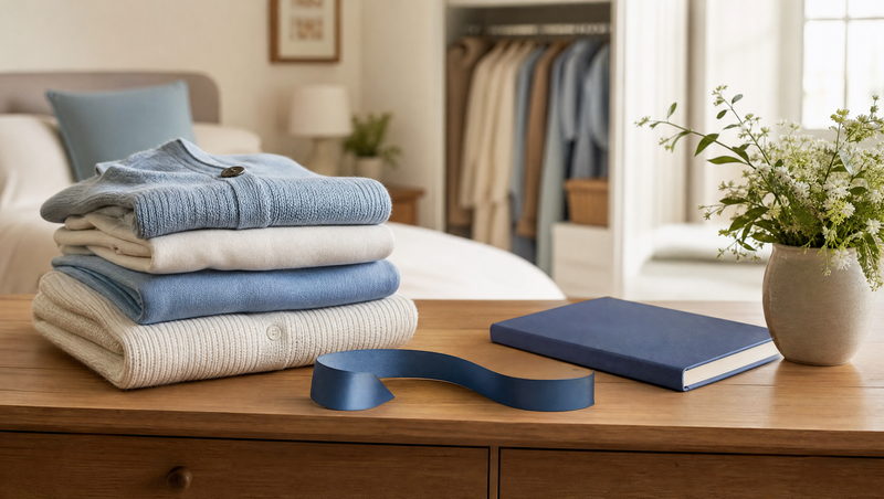 Folded blue and cream clothing beside a plain ribbon and notebook in a bright bedroom.