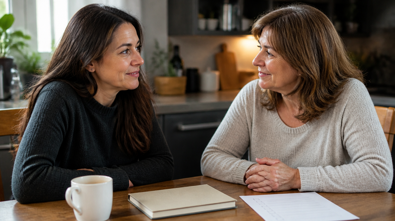 Two women talking at a kitchen table beside a blank checklist