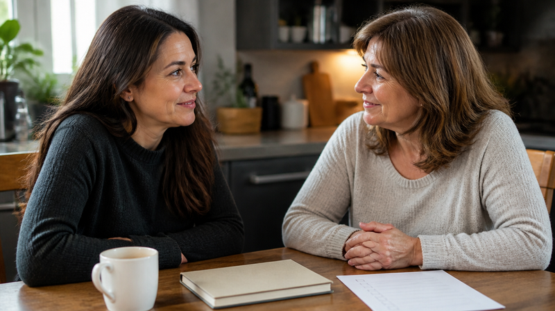 Two women talking at a kitchen table beside a blank checklist