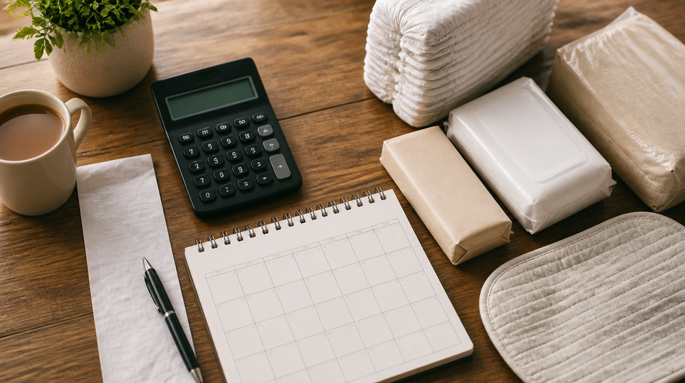 Calculator, blank calendar, and unbranded incontinence supplies on a wooden table