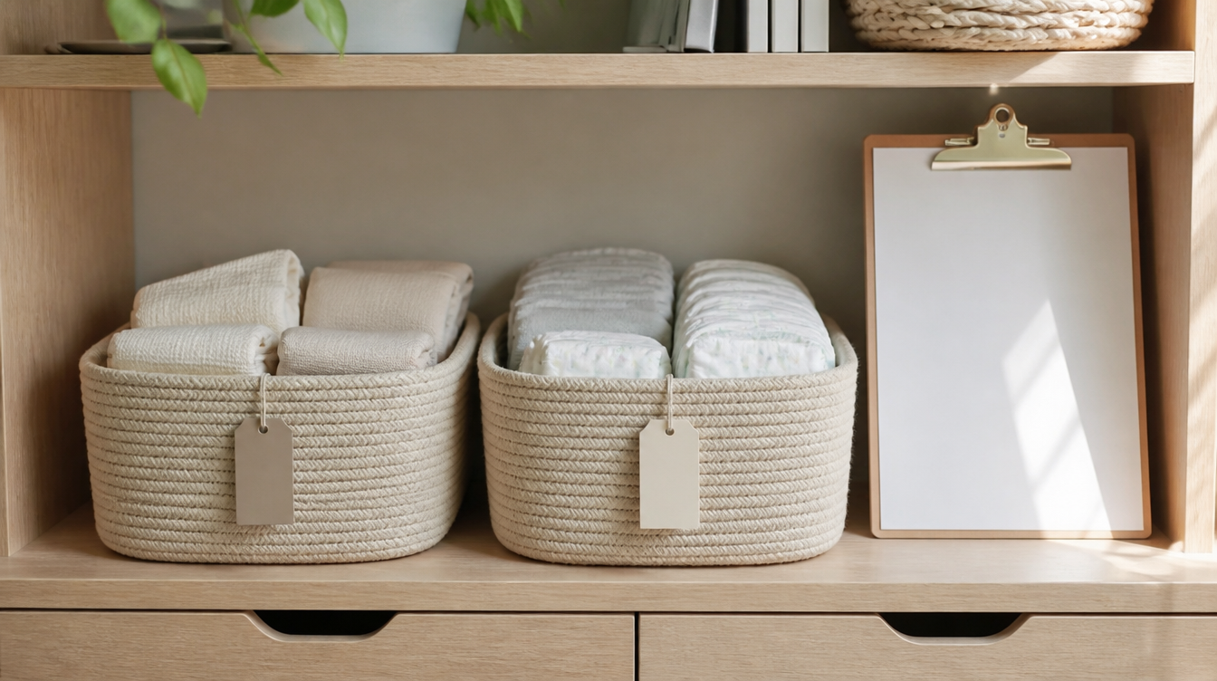 Two labeled baskets holding folded care supplies beside a blank clipboard