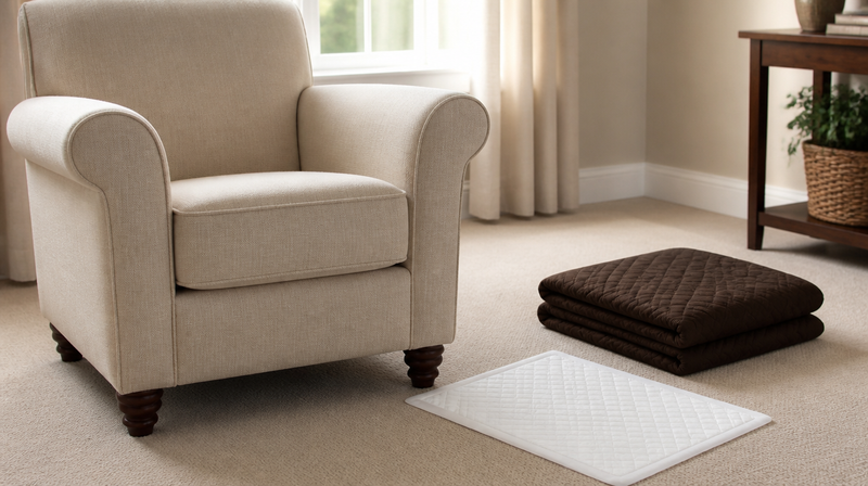 Upholstered chair beside white and brown quilted chair protection pads