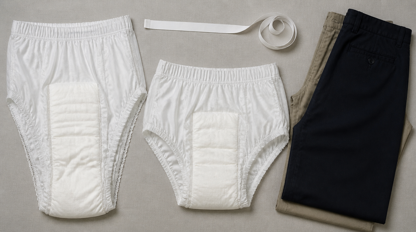 Two protective underwear styles beside a measuring tape and folded trousers