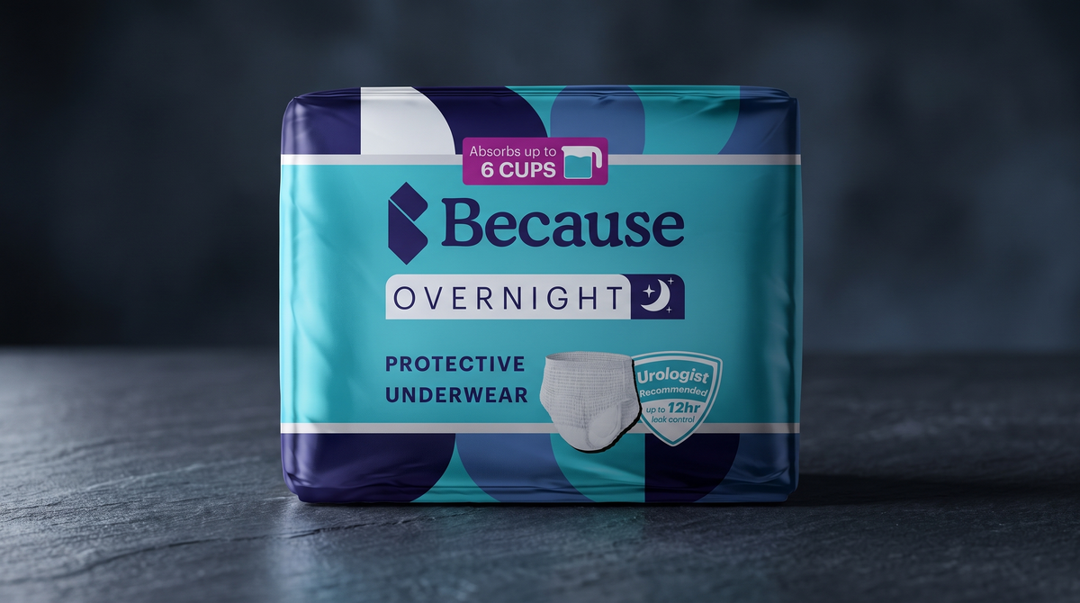 Because Overnight Protective Underwear packshot for men on a charcoal slate surface