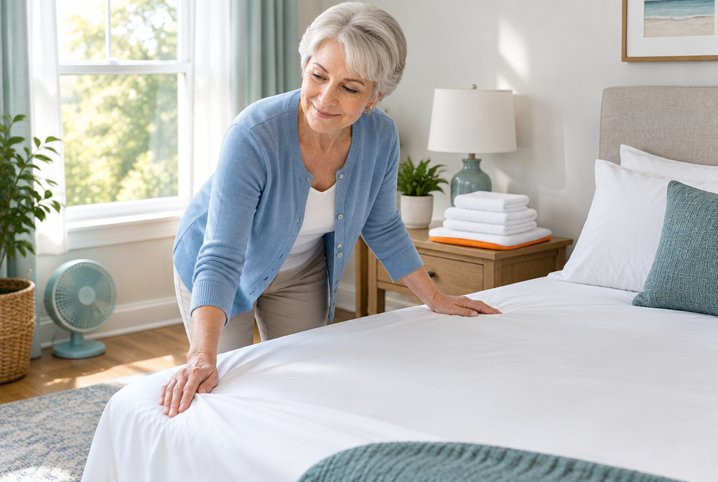 Older woman smoothing a fresh white sheet on a bed in a bright bedroom, with a fan and folded towels nearby.