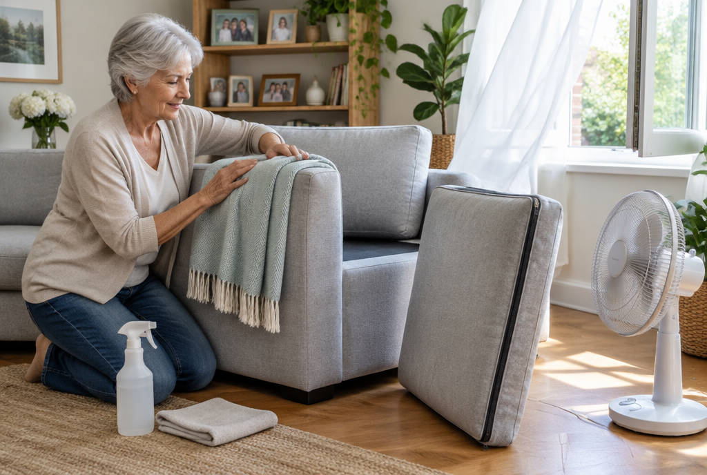 Older woman kneeling by a gray sofa, smoothing a throw over the arm while a seat cushion airs out in front of a fan by an open window.