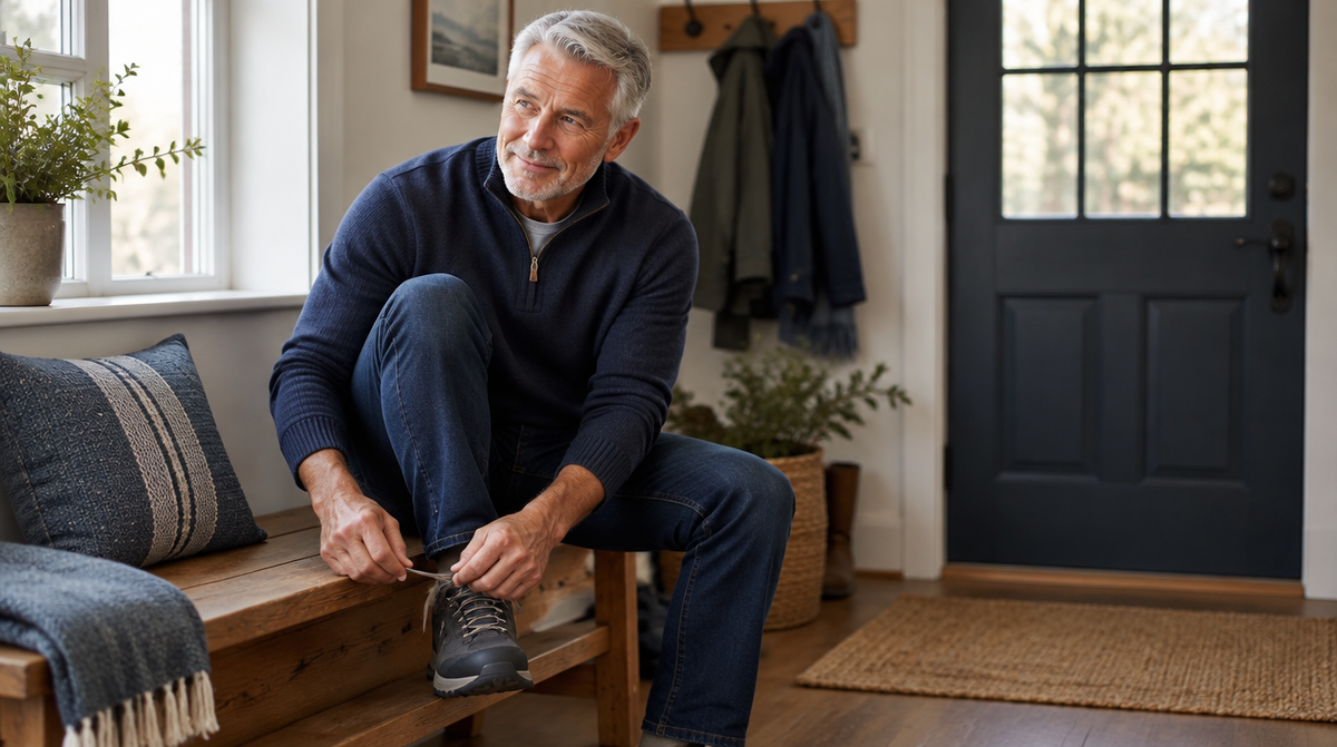 Grey-haired man in a navy sweater ties his walking shoes on a bench by the front door