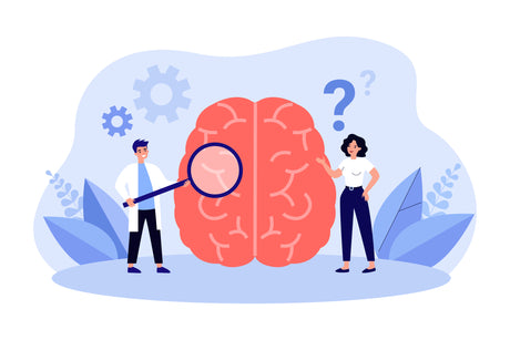 A graphic of two people investigating a cartoon brain.