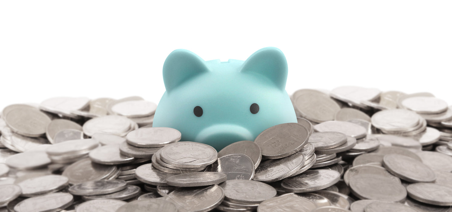 A piggy bank covered with coins.