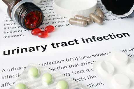 An image of text which reads "urinary tract infection" and various pills covering up other text.