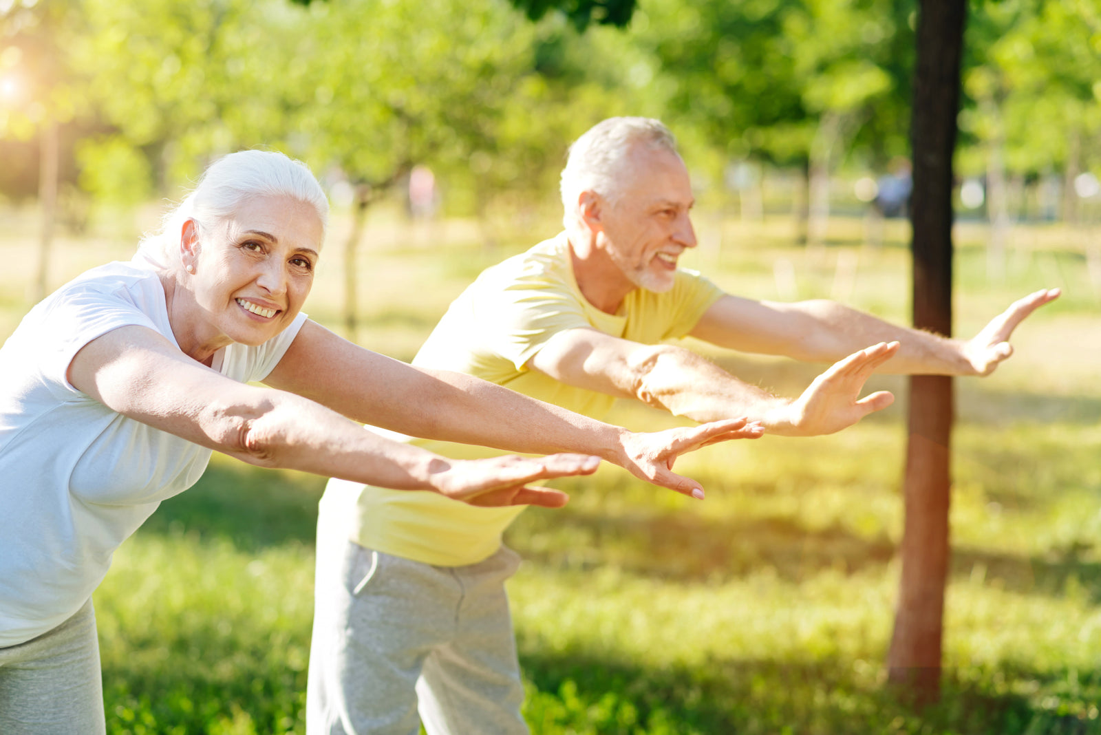 Morning workout. Senior adult couple stretching in the park