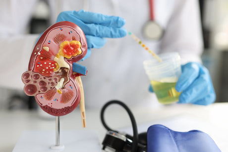 A lab technician tests a urine sample.