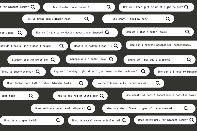 A graphic listing different search queries relating to incontinence.