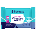 Packshot of the 10-wipe travel pack of Because Extra Large Cleansing Wipes, a small flat teal and navy resealable pouch marked XL 12.5 by 7.5 inches.