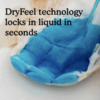Blue liquid being poured into underwear with text about DryFeel technology.