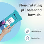Hand holding a package of Because ultra thick bathing cloths with text "non-irritating pH balanced formula" on a light blue and white background
