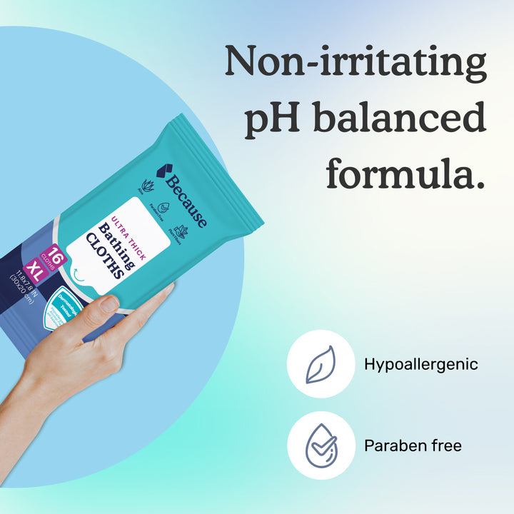 Hand holding a package of Because ultra thick bathing cloths with text "non-irritating pH balanced formula" on a light blue and white background