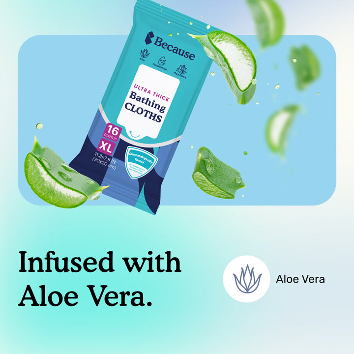 Package of Because ultra thick bathing cloths with text "Infused with Aloe Vera" on a light blue background