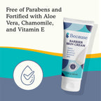 Tube of Because Barrier Skin Cream with product details on a blue and white background