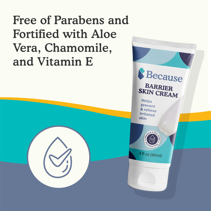 Tube of Because Barrier Skin Cream with product details on a blue and white background