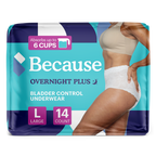 Package of Because Overnight Plus bladder control underwear size large on a white background.