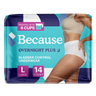 Package of Because Overnight Plus bladder control underwear size large on a white background.