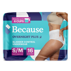 Package of Because Overnight Plus bladder control underwear size small/medium on a white background.