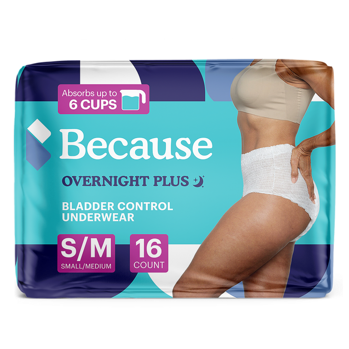 Package of Because Overnight Plus bladder control underwear size small/medium on a white background.