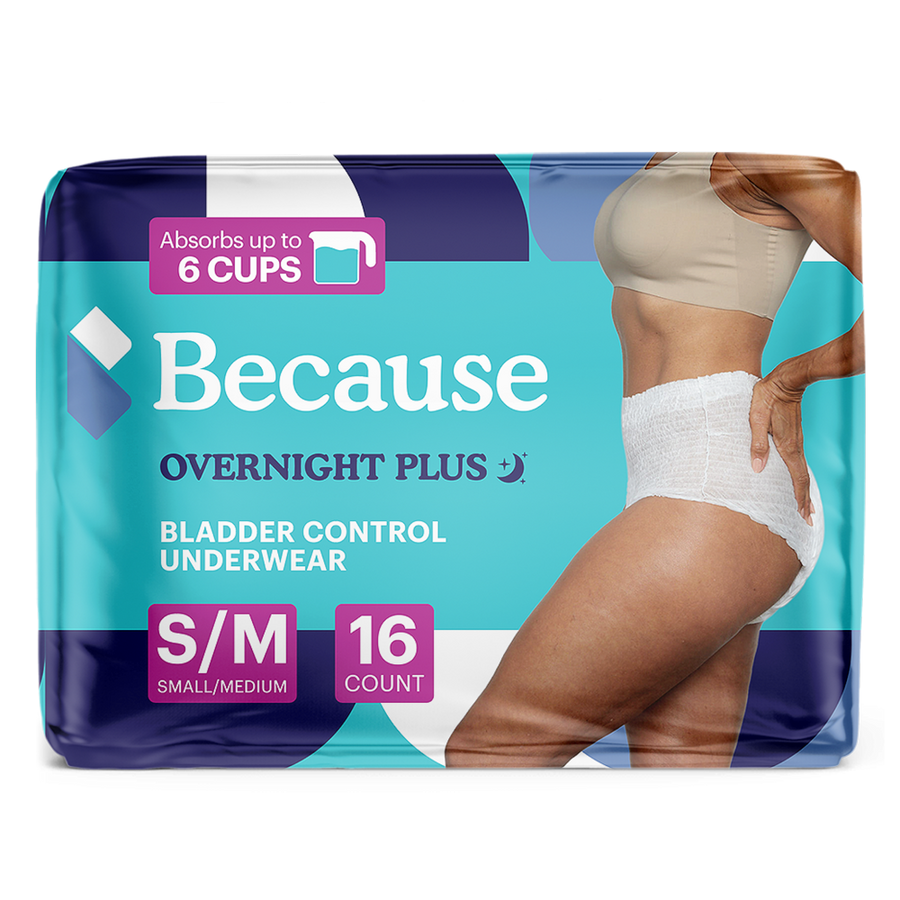 Package of Because Overnight Plus bladder control underwear size small/medium on a white background.