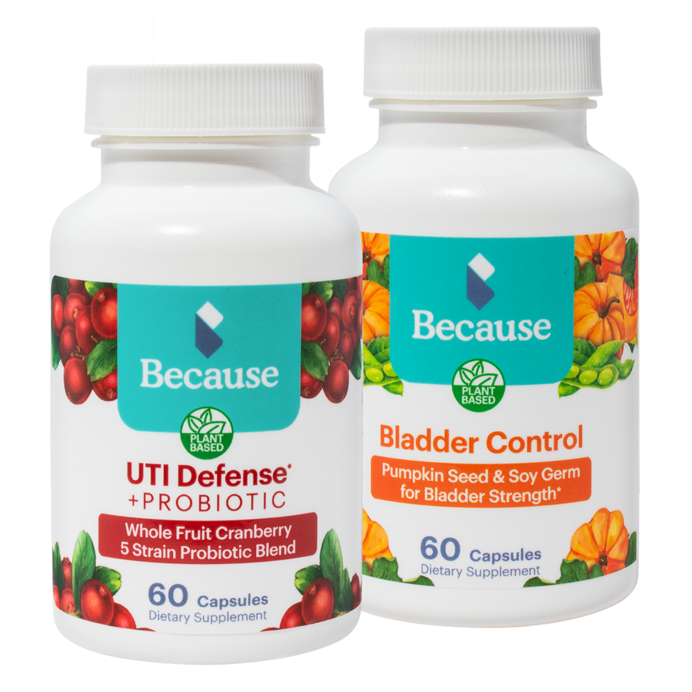 Because's Bladder Health Bundle: 1 bottle of Bladder Control Supplement and 1 bottle of UTI Defense Probiotic.