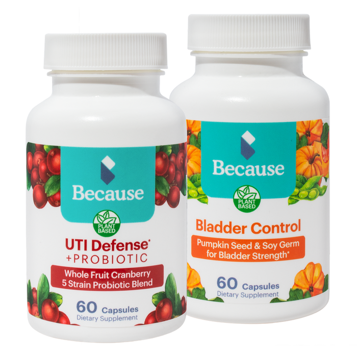 Because's Bladder Health Bundle: 1 bottle of Bladder Control Supplement and 1 bottle of UTI Defense Probiotic.
