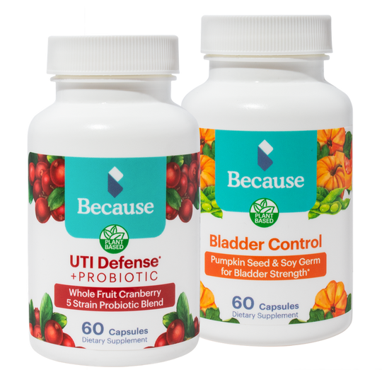 Because's Bladder Health Bundle: 1 bottle of Bladder Control Supplement and 1 bottle of UTI Defense Probiotic.