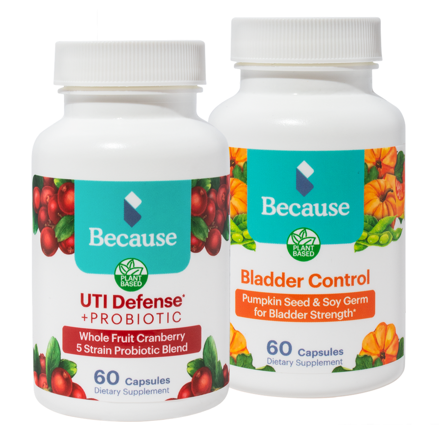 Because's Bladder Health Bundle: 1 bottle of Bladder Control Supplement and 1 bottle of UTI Defense Probiotic.