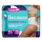 Package of Because Overnight Plus bladder control underwear size extra large on a white background.