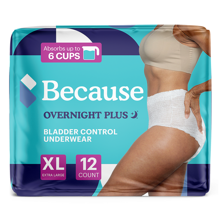 Package of Because Overnight Plus bladder control underwear size extra large on a white background.
