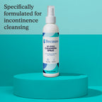 Because no-rinse cleansing spray on teal base with text "Specifically formulated for incontinence cleansing." on blue background