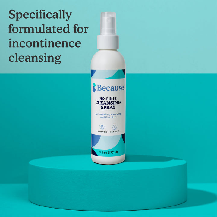 Because no-rinse cleansing spray on teal base with text "Specifically formulated for incontinence cleansing." on blue background