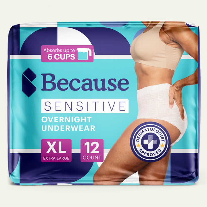 Package of Because Sensitive Overnight Underwear size extra large on a white background