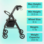Side view of Black Steel Folding Rollator Walker with specifications on a light blue background