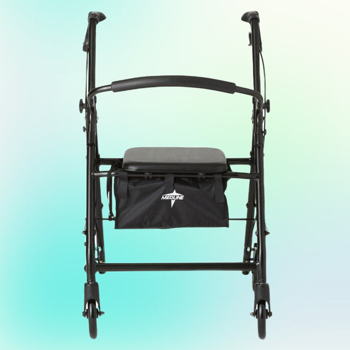 Black Steel Folding Rollator Walker on light blue background
