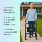Woman using a Black Steel Folding Rollator Walker with text about its features on a light blue background
