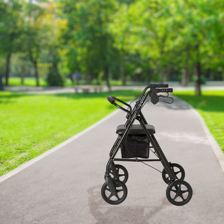 Side view of black foldable rollator walker. Walker contains a padded seat, room for storage under the seat, and handle brakes.