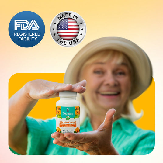 Image shows a woman holding bladder control daily vitamin and two seals: FDA registered facility and Made in the USA